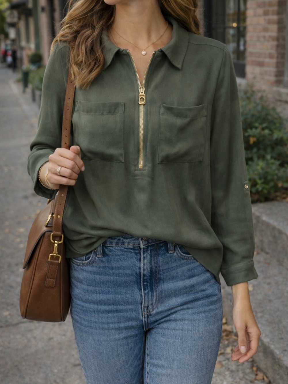 Michael Kors 1X Olive Green Zip Front Blouse ✨ Gold Hardware & Pockets